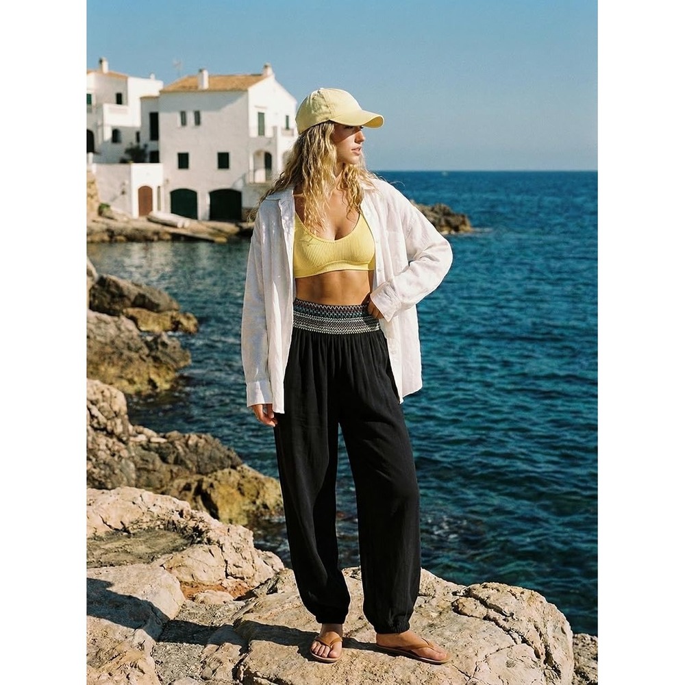 Dokotoo Womens Black Smocked Waist Harem Pants Boho Embroidered Joggers XL NEW